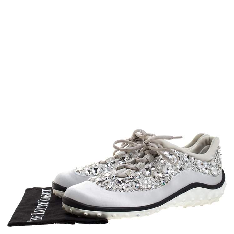 مملوكة مسبقًا Miu Miu Grey Embellished Satin and Mesh Astro Sneakers Size 40.5
