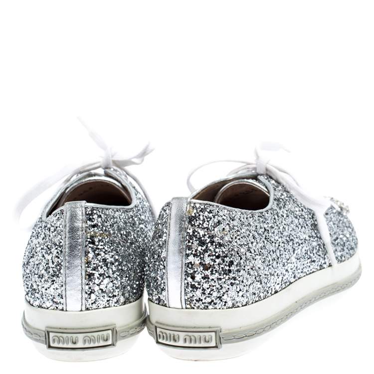 Pre Owned Miu Miu Silver Glitter Crystal Embellished Lace Up Sneakers Size 37.5