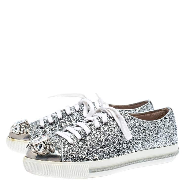 Pre Owned Miu Miu Silver Glitter Crystal Embellished Lace Up Sneakers Size 37.5