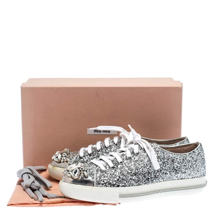 Pre Owned Miu Miu Silver Glitter Crystal Embellished Lace Up Sneakers Size 37.5