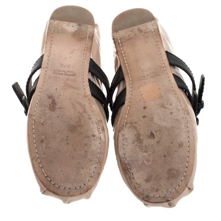 Pre Owned Miu Miu Beige Patent Leather And Leather Buckle Detail Ballet Flats Size 37.5