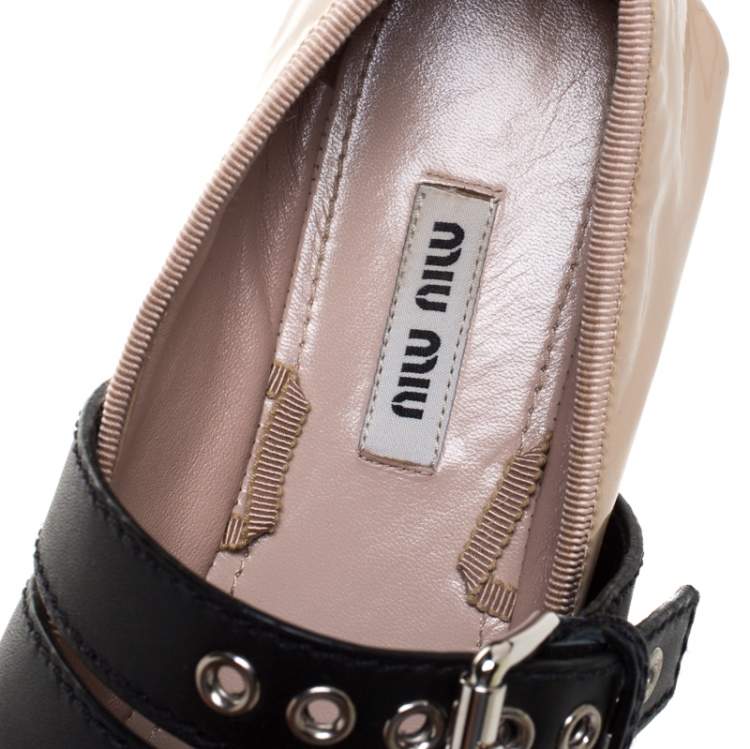 Pre Owned Miu Miu Beige Patent Leather And Leather Buckle Detail Ballet Flats Size 37.5