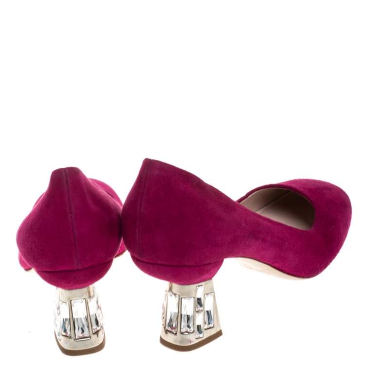 Pre Owned Miu Miu Pink Suede Crystal Embellished Heel Pumps Size 36.5