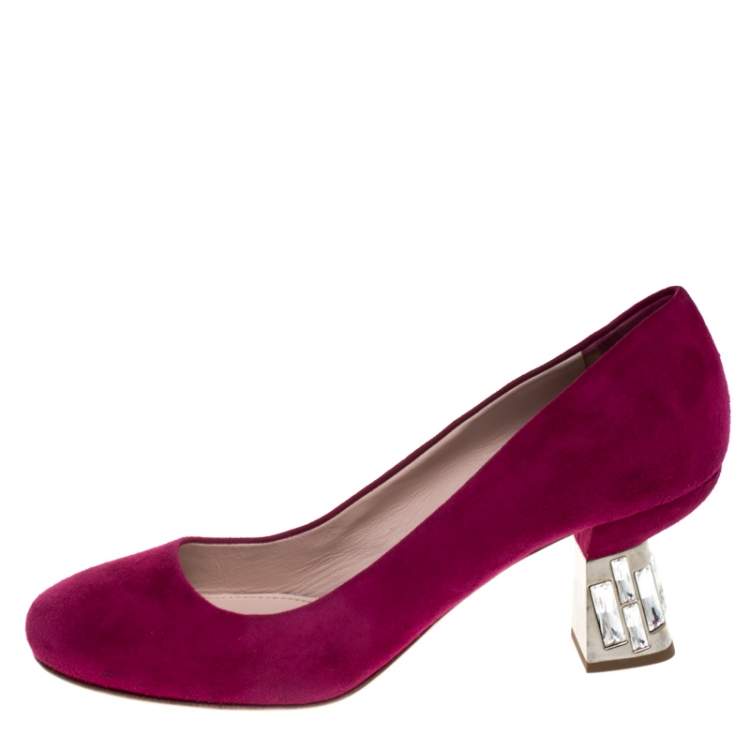 Pre Owned Miu Miu Pink Suede Crystal Embellished Heel Pumps Size 36.5