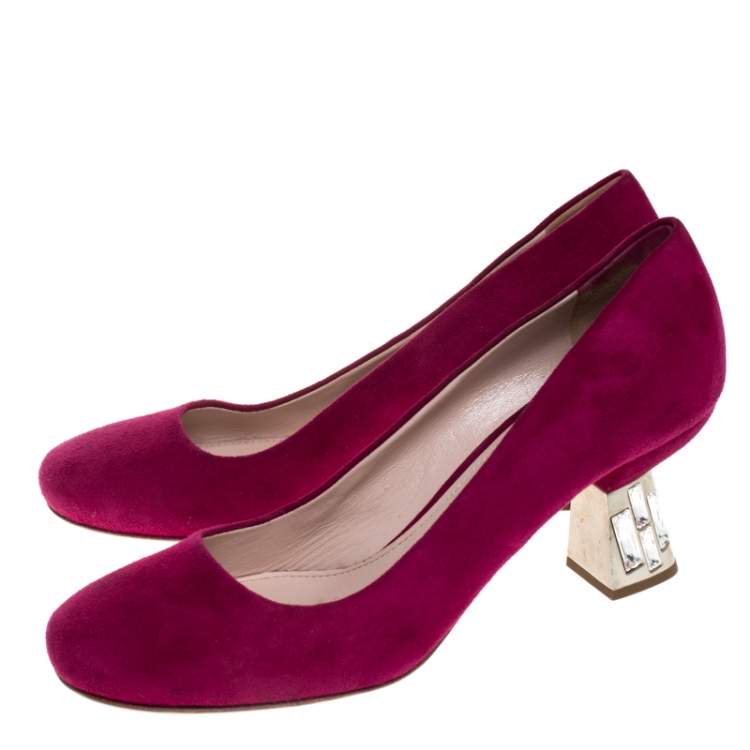Pre Owned Miu Miu Pink Suede Crystal Embellished Heel Pumps Size 36.5