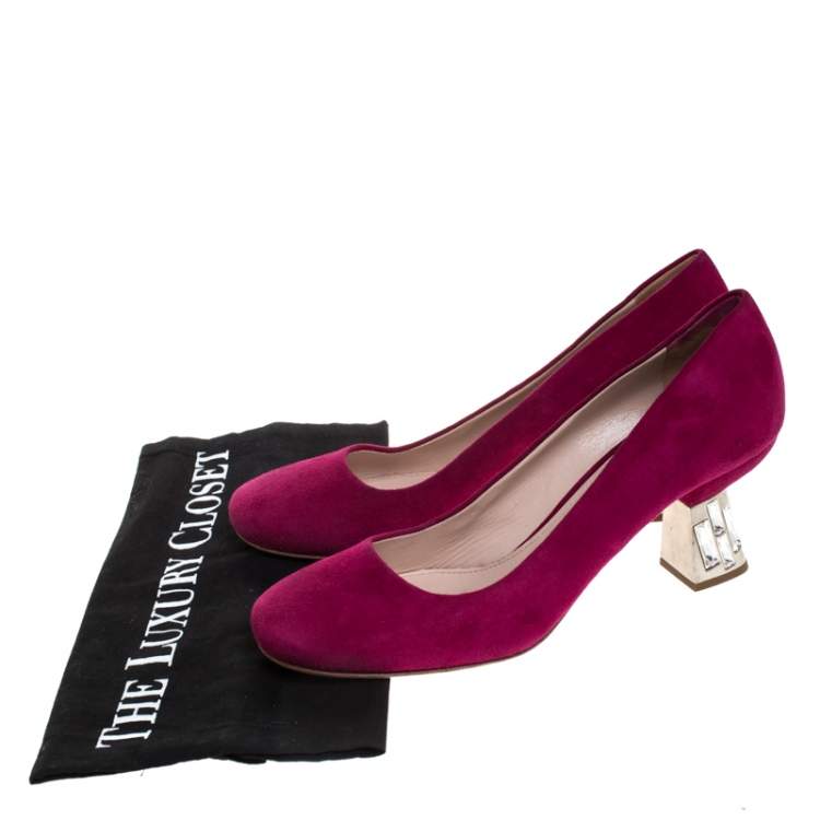 Pre Owned Miu Miu Pink Suede Crystal Embellished Heel Pumps Size 36.5