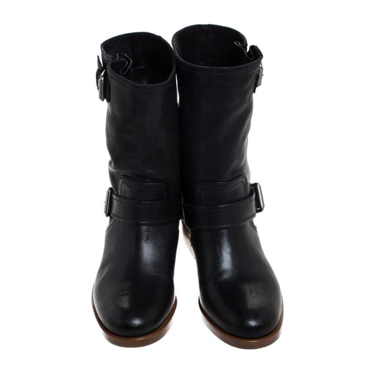 Pre Owned Miu Miu Black Leather Buckle Ankle Boots Size 36