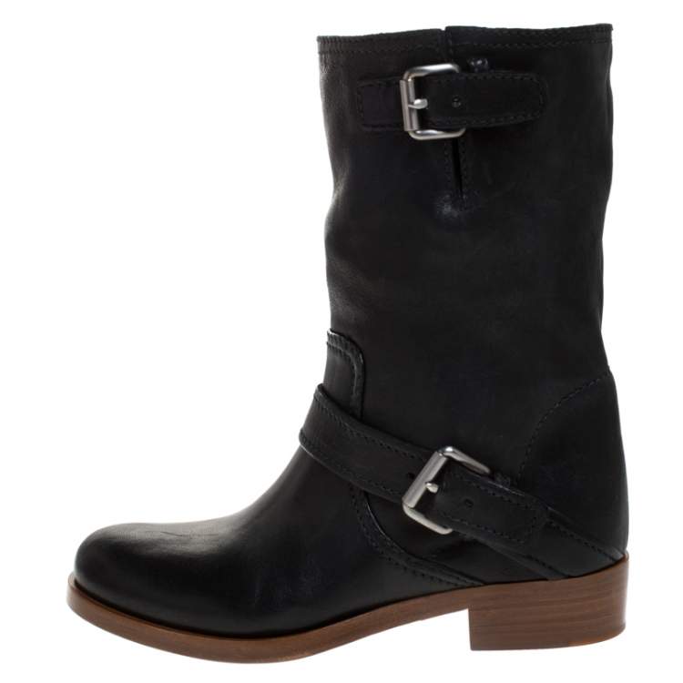 Pre Owned Miu Miu Black Leather Buckle Ankle Boots Size 36