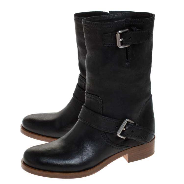 Pre Owned Miu Miu Black Leather Buckle Ankle Boots Size 36