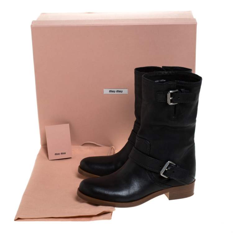 Pre Owned Miu Miu Black Leather Buckle Ankle Boots Size 36