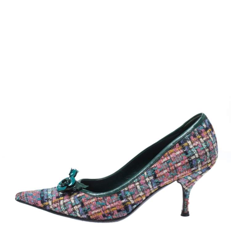 Pre Owned Miu Miu Multicolor Floral Embellished Tweed Pointed Toe Pumps Size 38.5