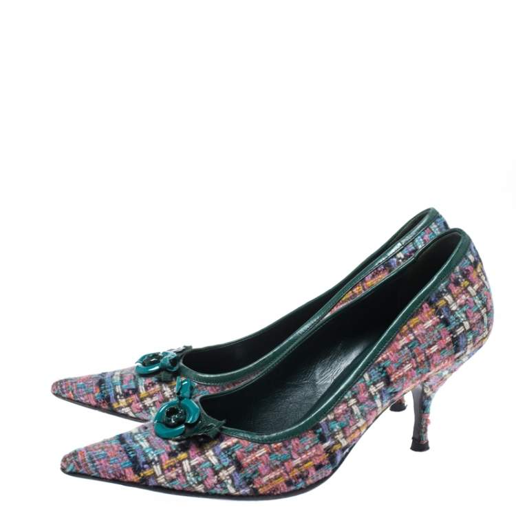 Pre Owned Miu Miu Multicolor Floral Embellished Tweed Pointed Toe Pumps Size 38.5