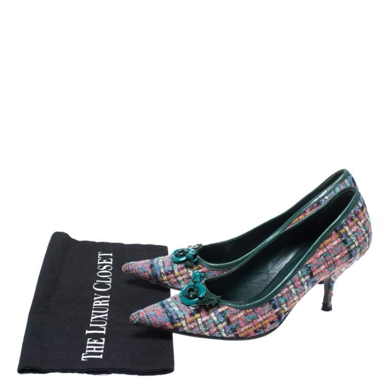 Pre Owned Miu Miu Multicolor Floral Embellished Tweed Pointed Toe Pumps Size 38.5