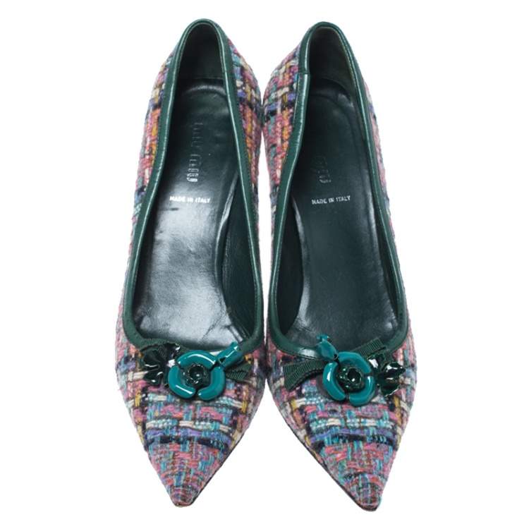 Pre Owned Miu Miu Multicolor Floral Embellished Tweed Pointed Toe Pumps Size 38.5