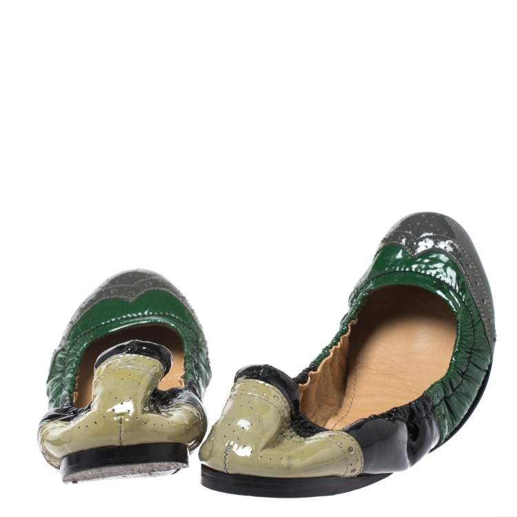 Pre Owned Miu Miu Multicolor Brogue Patent Leather Scrunch Ballet Flats Size 38