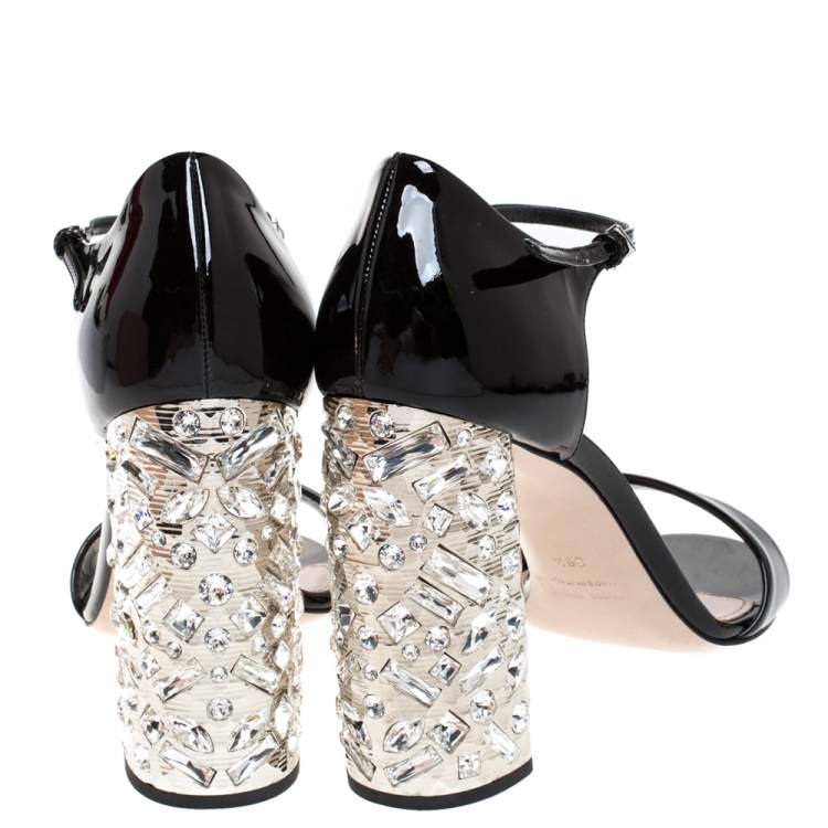 Pre Owned Miu Miu Black Patent Leather Crystal Embellished Heel Ankle Strap Sandals Size 39.5