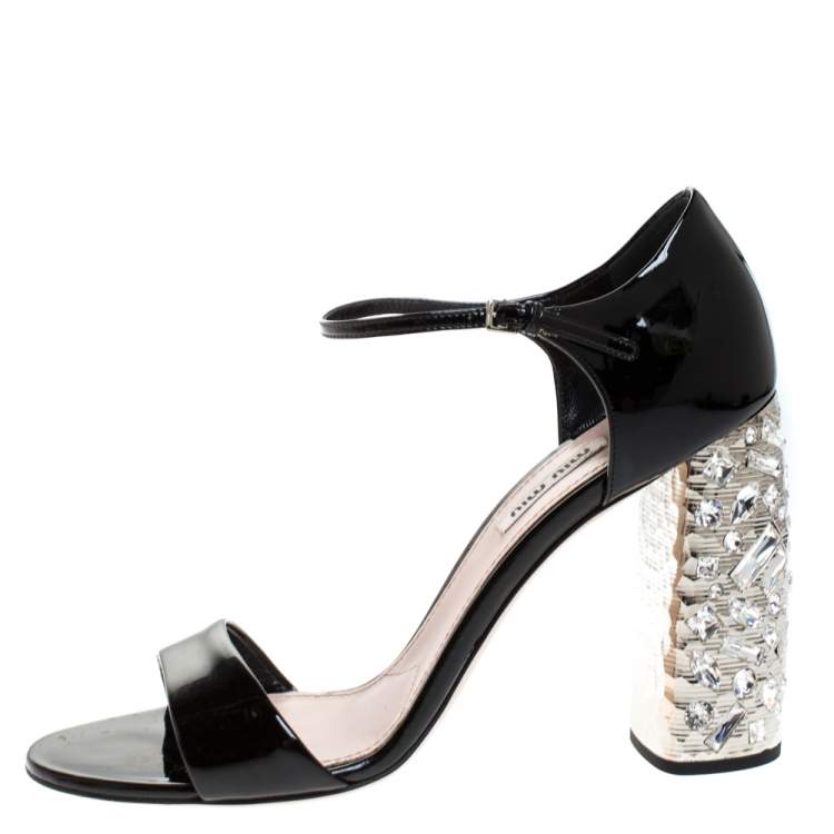Pre Owned Miu Miu Black Patent Leather Crystal Embellished Heel Ankle Strap Sandals Size 39.5