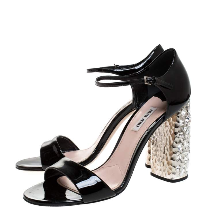 Pre Owned Miu Miu Black Patent Leather Crystal Embellished Heel Ankle Strap Sandals Size 39.5