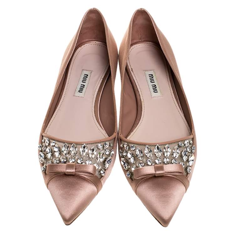 Pre Owned Miu Miu Old Rose Pink Satin Jeweled Pointed Toe Ballet Flats Size 37