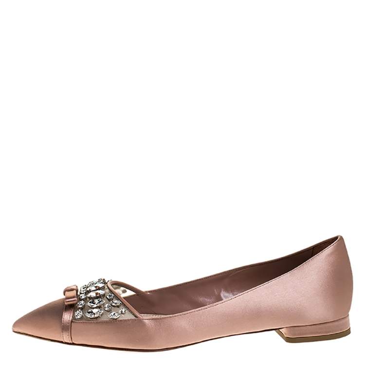 Pre Owned Miu Miu Old Rose Pink Satin Jeweled Pointed Toe Ballet Flats Size 37