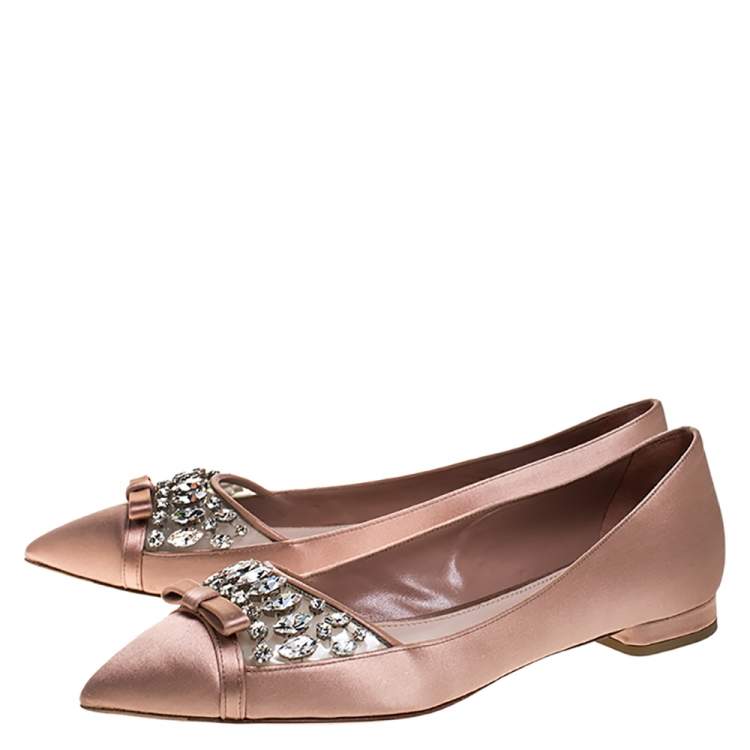 Pre Owned Miu Miu Old Rose Pink Satin Jeweled Pointed Toe Ballet Flats Size 37