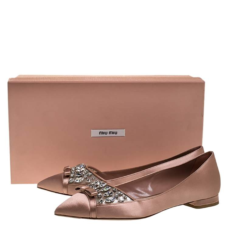 Pre Owned Miu Miu Old Rose Pink Satin Jeweled Pointed Toe Ballet Flats Size 37