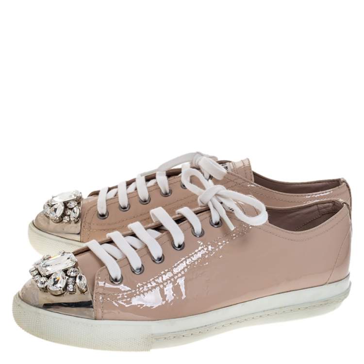 Pre Owned Miu Miu Beige Patent Leather Crystal Embellished Cap Toe Lace Up Sneakers Size 39.5