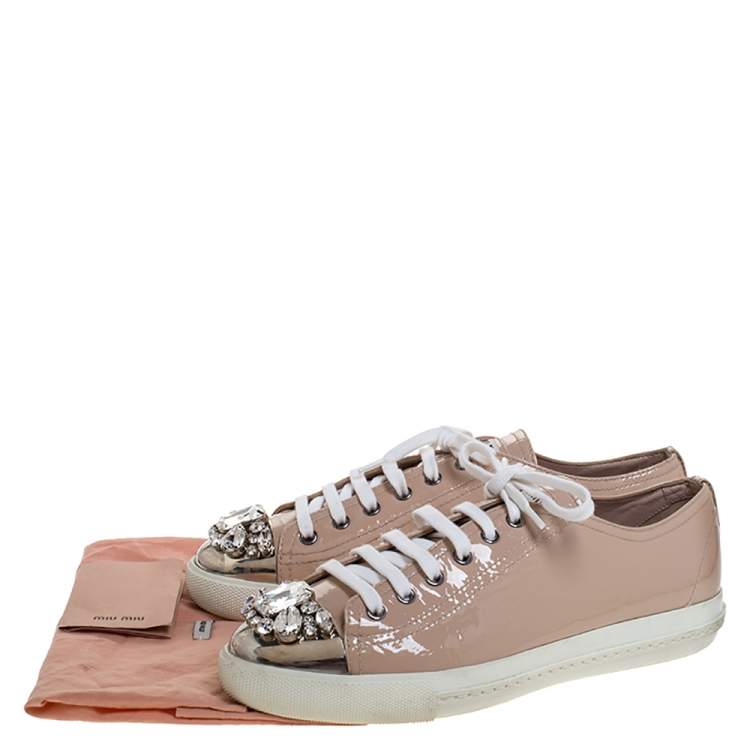 Pre Owned Miu Miu Beige Patent Leather Crystal Embellished Cap Toe Lace Up Sneakers Size 39.5