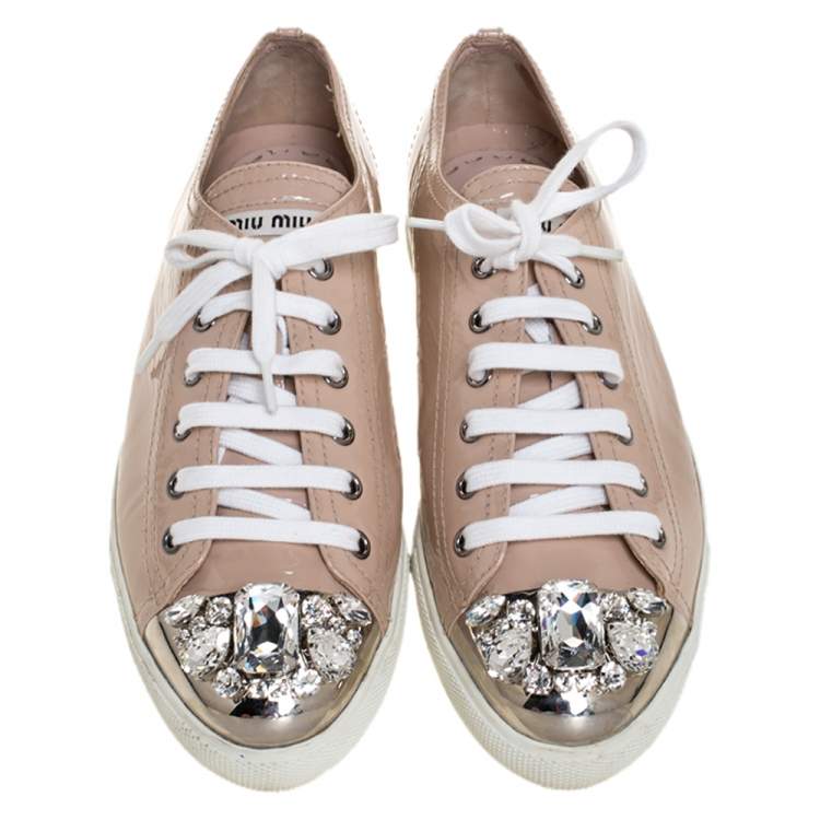 Pre Owned Miu Miu Beige Patent Leather Crystal Embellished Cap Toe Lace Up Sneakers Size 39.5