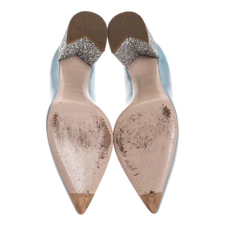 Pre Owned Miu Miu Grey Patent Leather Glitter Heel Pointed Toe Pumps Size 40.5