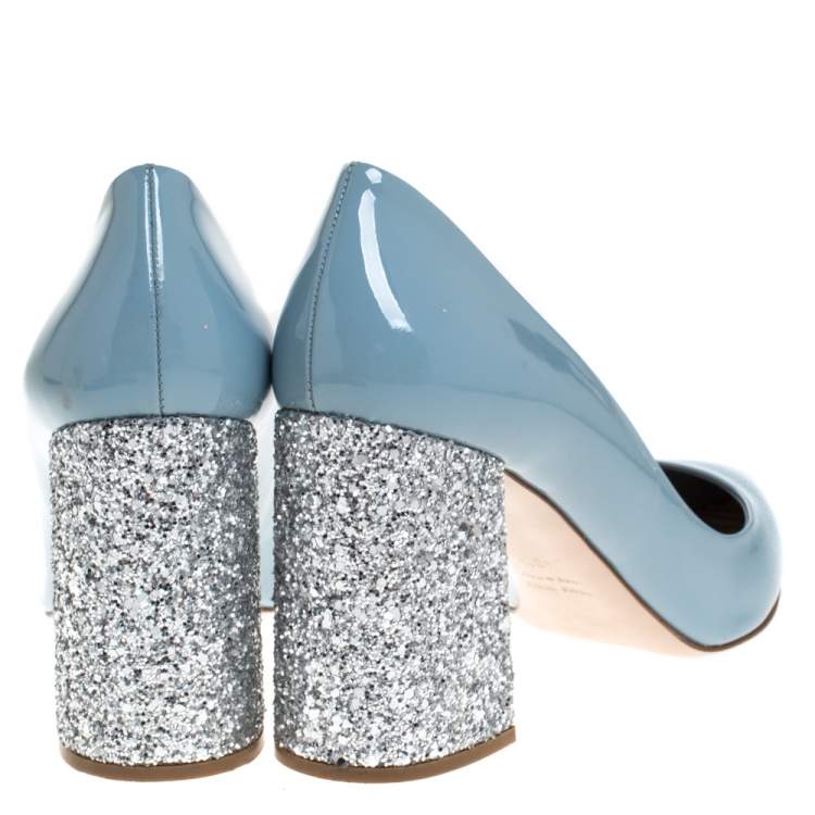 Pre Owned Miu Miu Grey Patent Leather Glitter Heel Pointed Toe Pumps Size 40.5