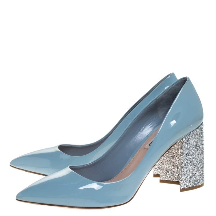Pre Owned Miu Miu Grey Patent Leather Glitter Heel Pointed Toe Pumps Size 40.5