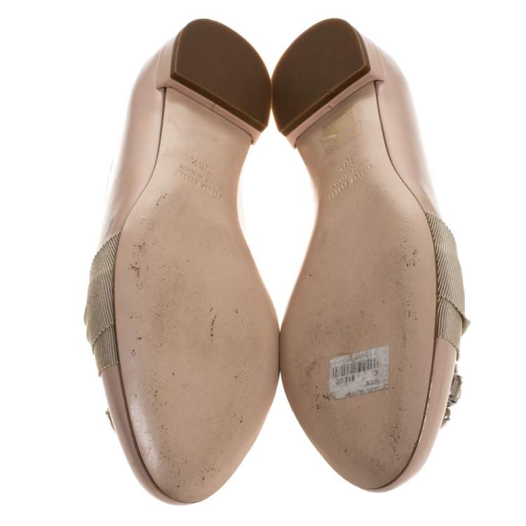 Pre Owned Miu Miu Beige Patent Leather Crystal Embellished Ballet Flats Size 36.5
