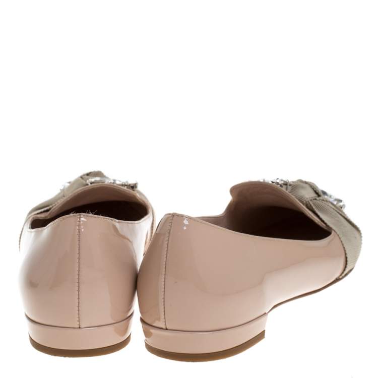 Pre Owned Miu Miu Beige Patent Leather Crystal Embellished Ballet Flats Size 36.5