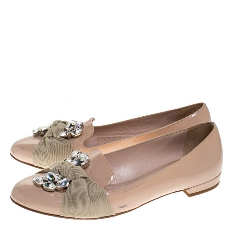 Pre Owned Miu Miu Beige Patent Leather Crystal Embellished Ballet Flats Size 36.5