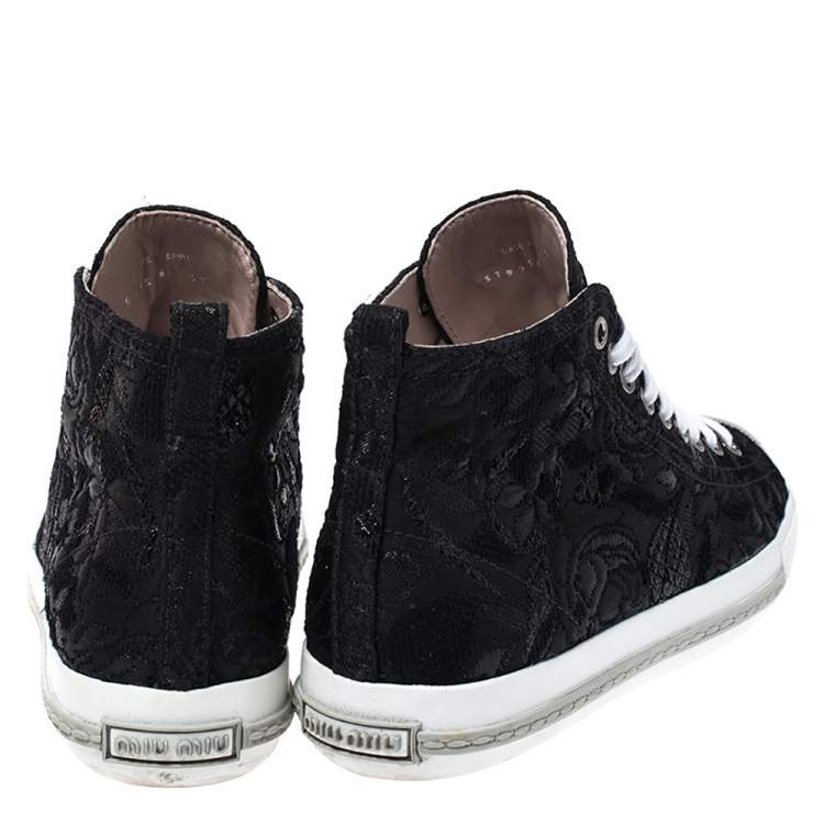 Pre Owned Miu Miu Black Brocade Fabric Metal Cap Lace Up Sneakers Size 37