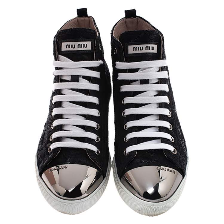Pre Owned Miu Miu Black Brocade Fabric Metal Cap Lace Up Sneakers Size 37