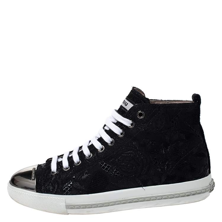 Pre Owned Miu Miu Black Brocade Fabric Metal Cap Lace Up Sneakers Size 37