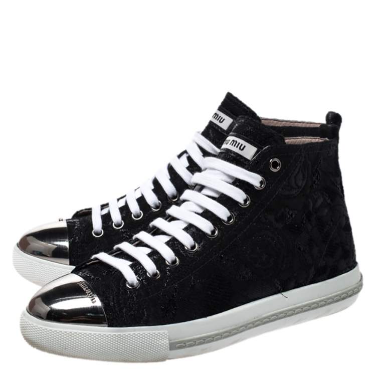 Pre Owned Miu Miu Black Brocade Fabric Metal Cap Lace Up Sneakers Size 37