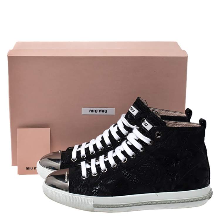 Pre Owned Miu Miu Black Brocade Fabric Metal Cap Lace Up Sneakers Size 37