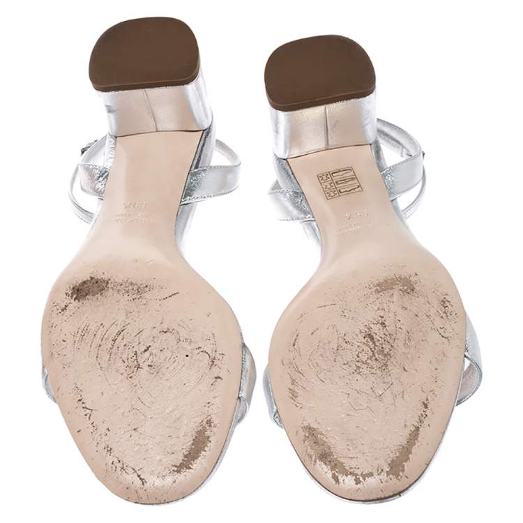 Pre Owned Miu Miu Metallic Silver Leather Ankle Strap Block Heel Sandals Size 39.5