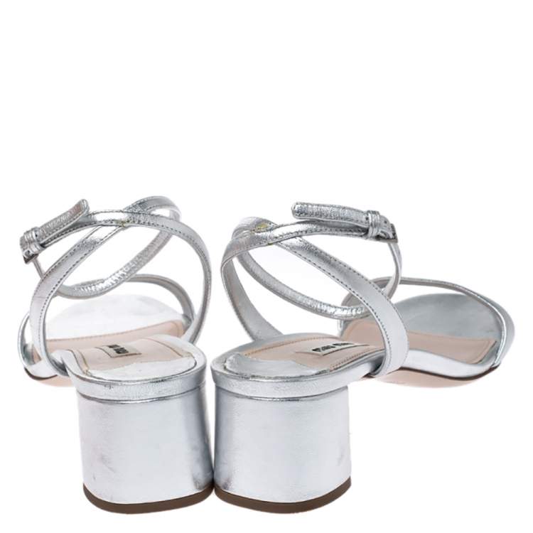 Pre Owned Miu Miu Metallic Silver Leather Ankle Strap Block Heel Sandals Size 39.5