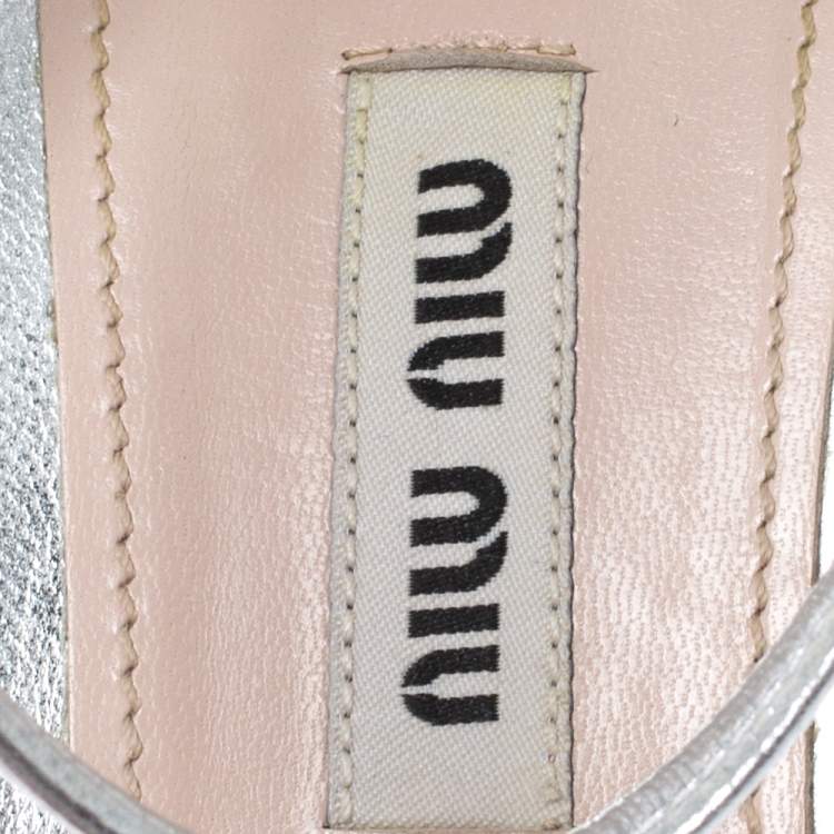 Pre Owned Miu Miu Metallic Silver Leather Ankle Strap Block Heel Sandals Size 39.5