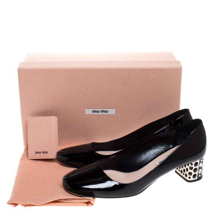 Pre Owned Miu Miu Black Patent Leather Crystal Embellished Block Heel Pumps Size 38.5