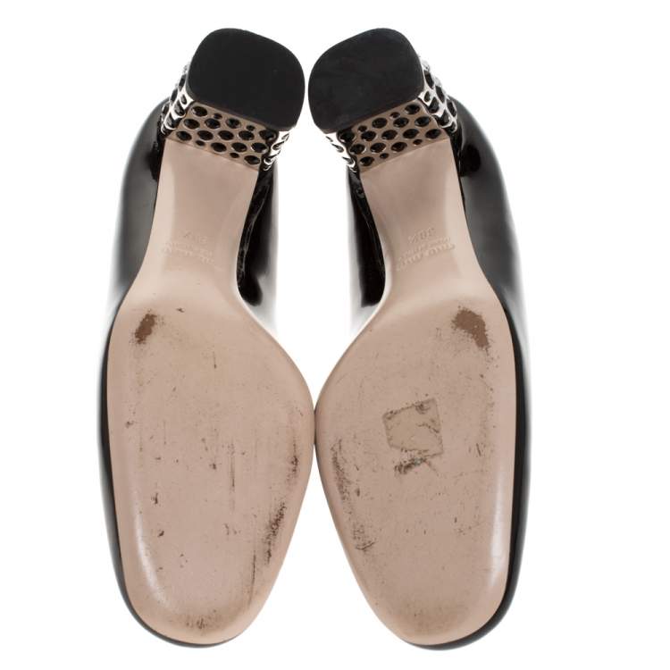 Pre Owned Miu Miu Black Patent Leather Crystal Embellished Block Heel Pumps Size 38.5