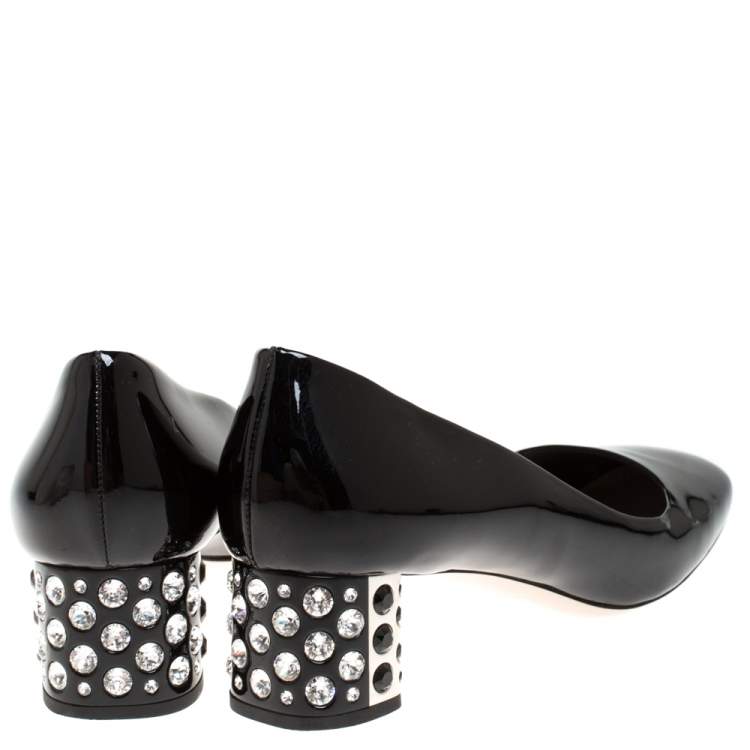 Pre Owned Miu Miu Black Patent Leather Crystal Embellished Block Heel Pumps Size 38.5