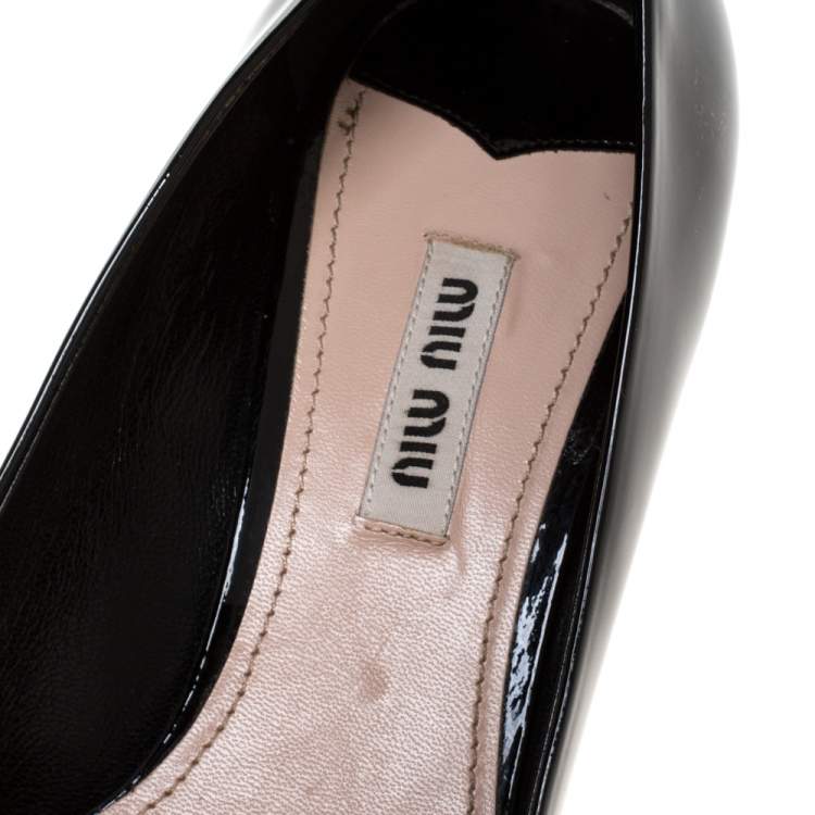 Pre Owned Miu Miu Black Patent Leather Crystal Embellished Block Heel Pumps Size 38.5