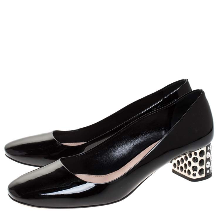 Pre Owned Miu Miu Black Patent Leather Crystal Embellished Block Heel Pumps Size 38.5