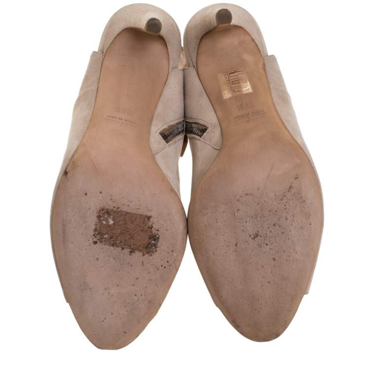 Pre Owned Miu Miu Beige Suede Leather Peep Toe Slingback Sandals Size 38.5