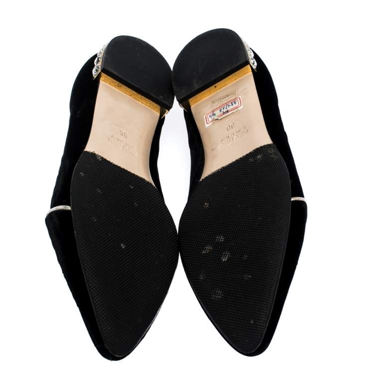 Pre Owned Miu Miu Black Velvet Embroidered Crystal Embellished Pointed Toe Flats Size 36 